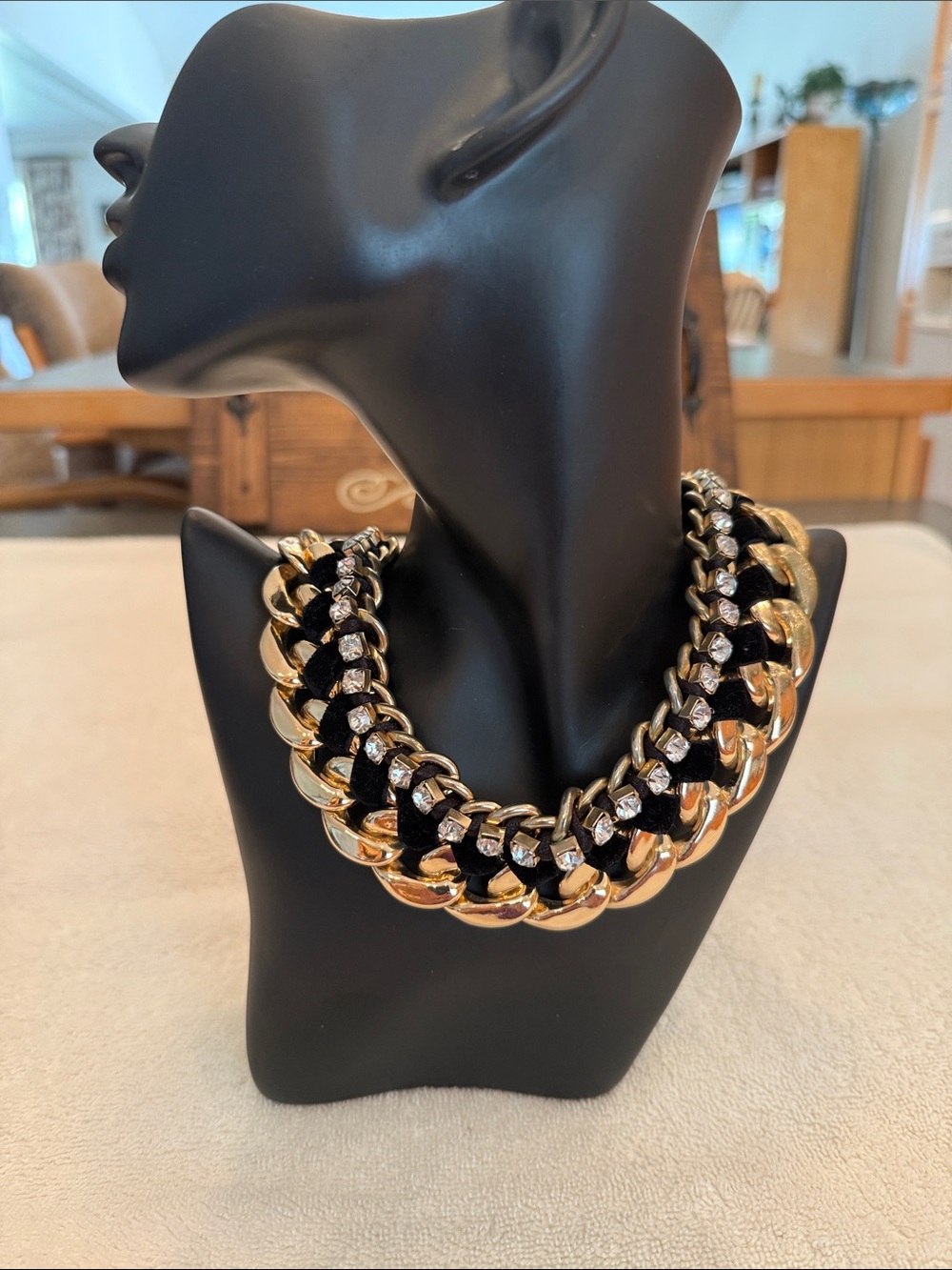 Gold, Black Velvet & Crystal Chain-Link Statement Necklace